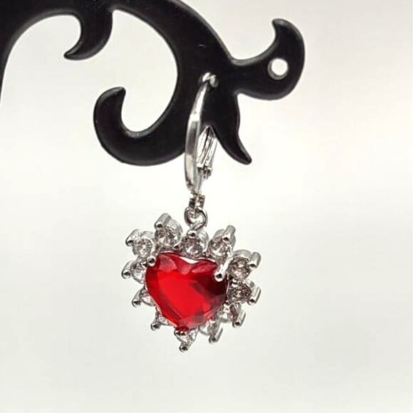 925 Silver Chain Heart Necklace Earring Set w/ Synthetic Ruby Diamonds Pendants - Picture 6 of 8